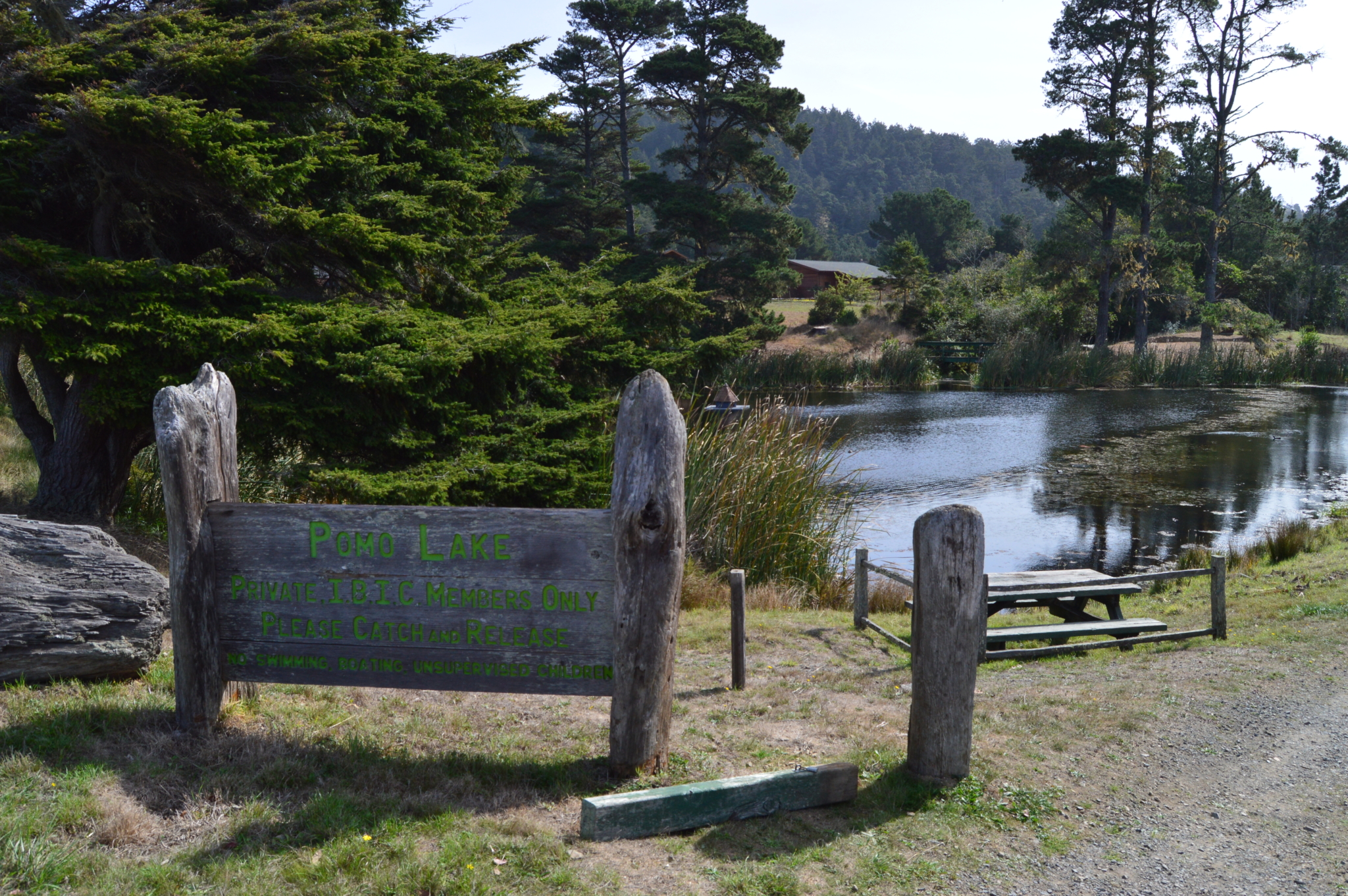 Wooden picnic table and sign near small lake surrounded by trees.
