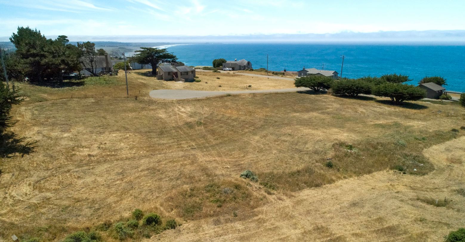 Grassy Northern California clifftop with a few homes overlooking the ocean
